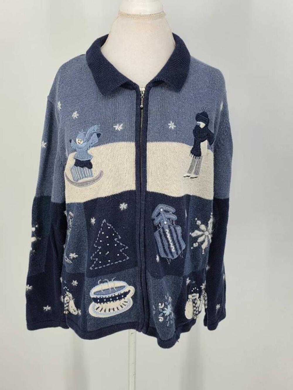 Vintage Womens L Snowman Winter Embroidered Zip Cardigan Sweater Grannycore
